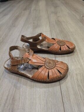 Pikolinos Womens Leather T-Strap Sandals EU 39 Cognac Brown Floral Boho